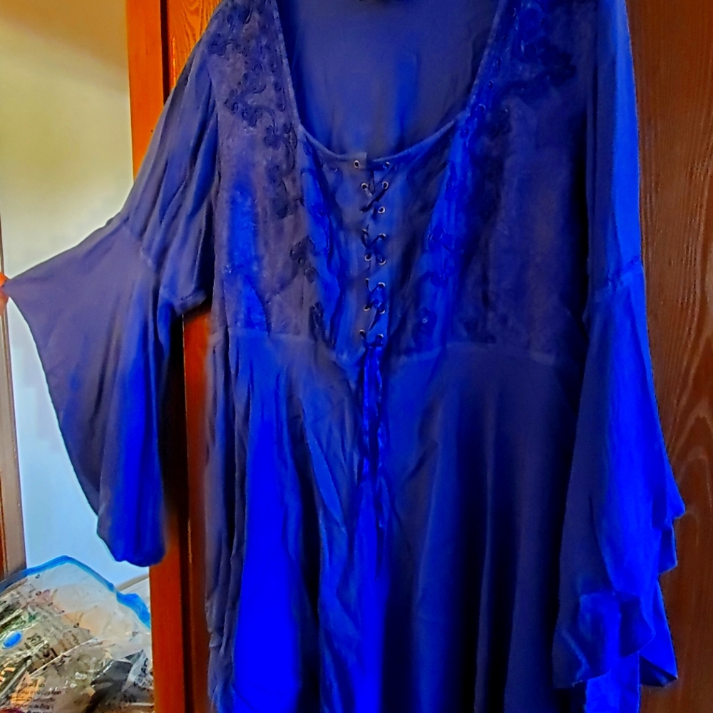 Holy Clothing "RHIANNON" 4X Sapphire Blue Embroidered Boho Tunic Blouse Top